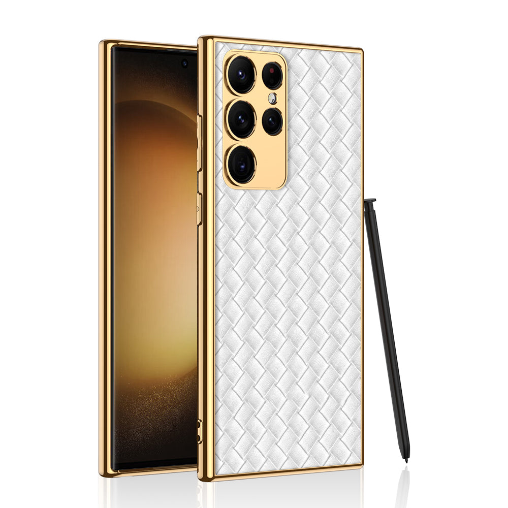 GKK for Samsung Galaxy S23 Ultra Electroplating Frame Phone Case Woven Texture Leather Coated PC TPU Cover GKK for Samsung Galaxy S23 Ultra Electroplating Frame Phone Case Woven Texture Leather Coated PC TPU Cover